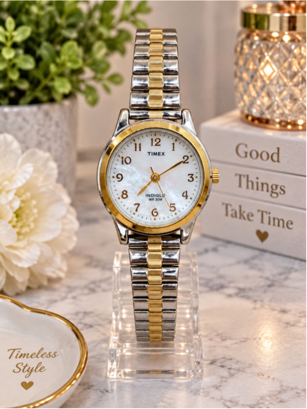 Timex Indiglo Women's Two Tone Gold Silver Mother of Pearl Watch